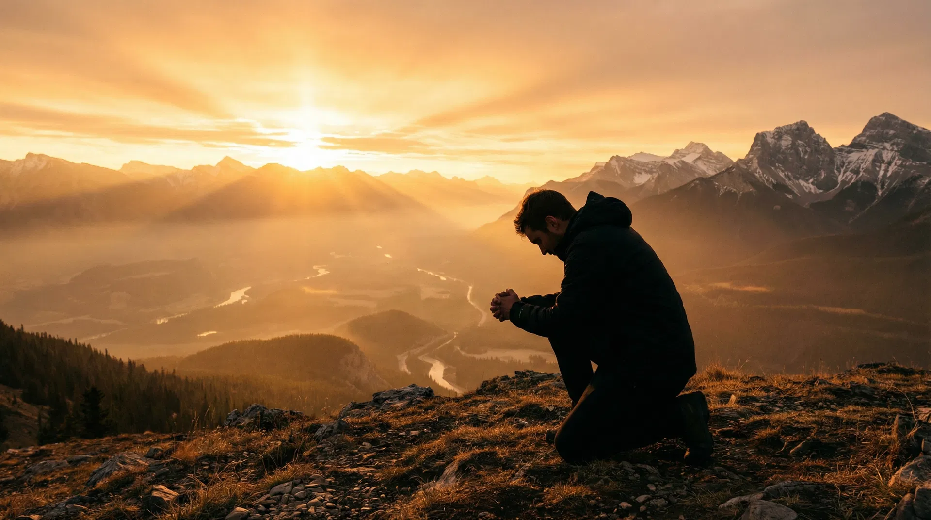 Hands raised in prayer as light breaks over a Canadian horizon