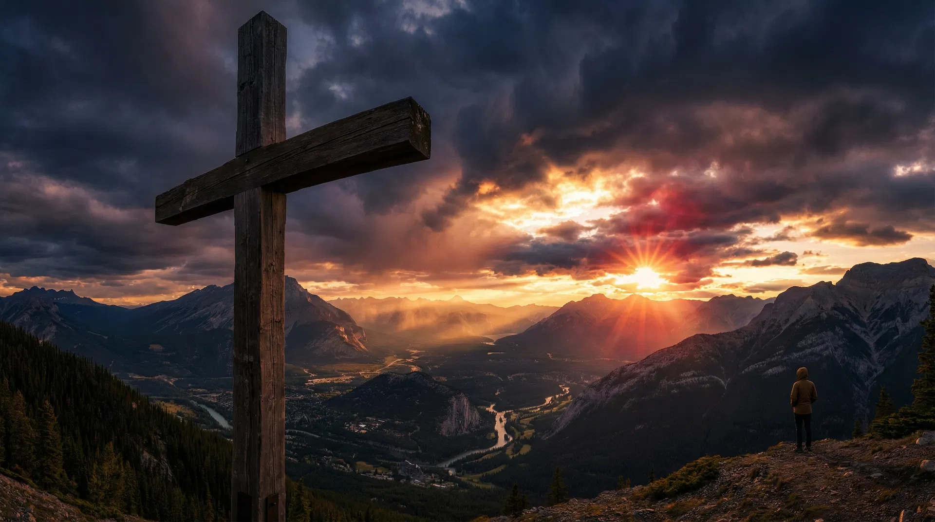 A wooden cross on a mountainside as the sun breaks through storm clouds over a Canadian valley